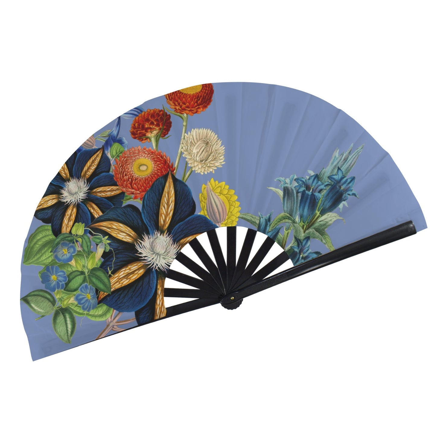BLUE Floral Folding Clack Fan
